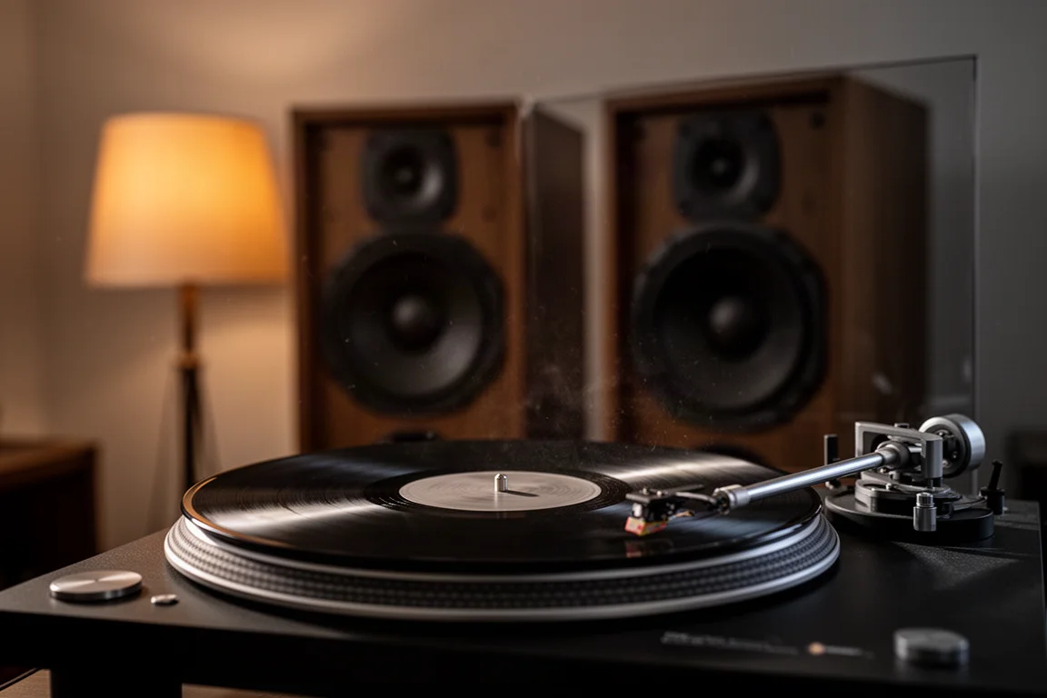 Skivspelare som spelar en vinylskiva i ett dunkelt lyssningsrum med stora högtalare