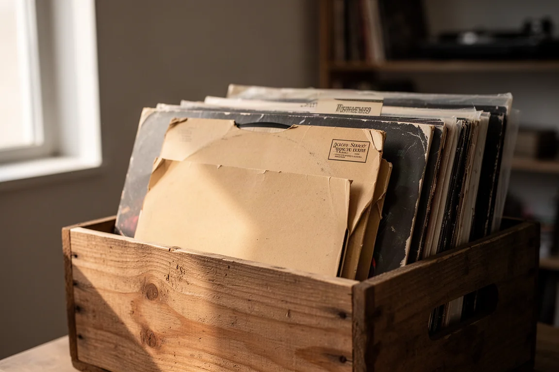 Trälåda med vinylskivor där ett skivfodral är halvt utdraget i varmt ljus
