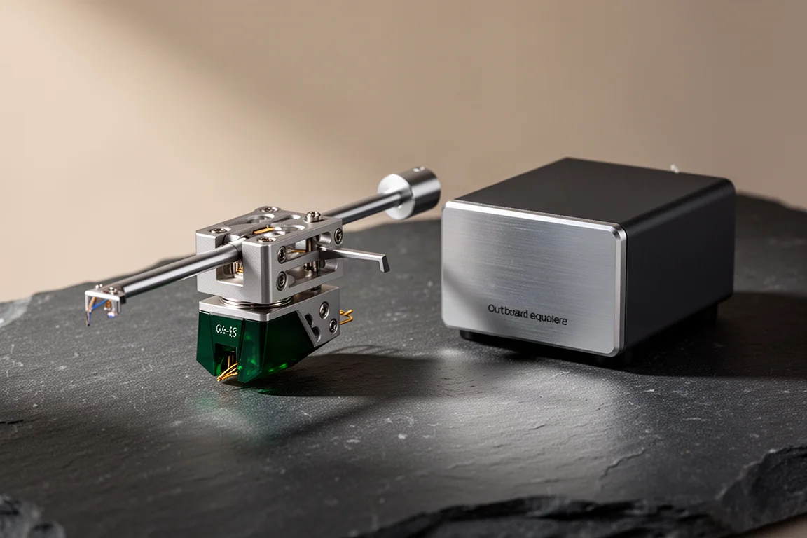 DS Audio E1 optical phono cartridge and matching equalizer on a dark stone surface