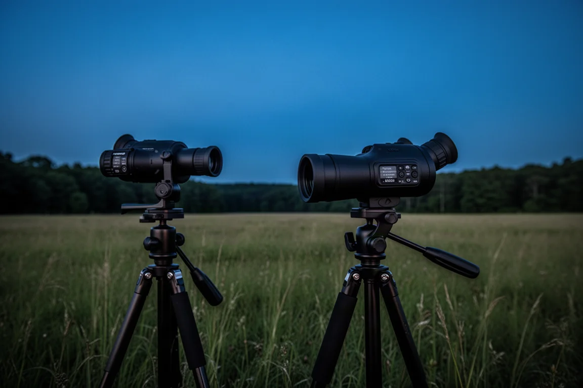 Kikare med nattseende monterad på tripod riktad mot en trädridå i skymningen
