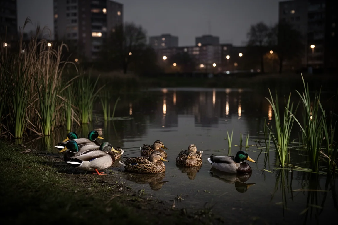 Stadspark på natten med gräsänder vilande nära vattnets kant
