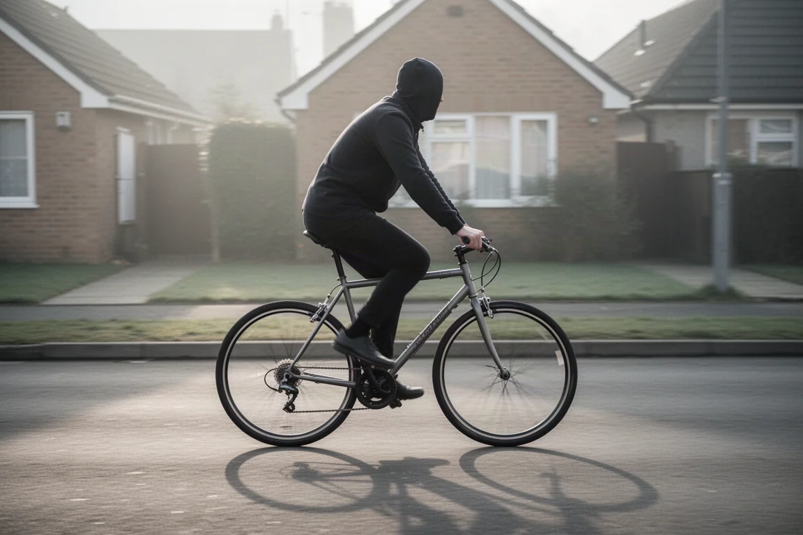 Bicicletta economica parzialmente scartata con attrezzi e imballaggi sul pavimento di un garage