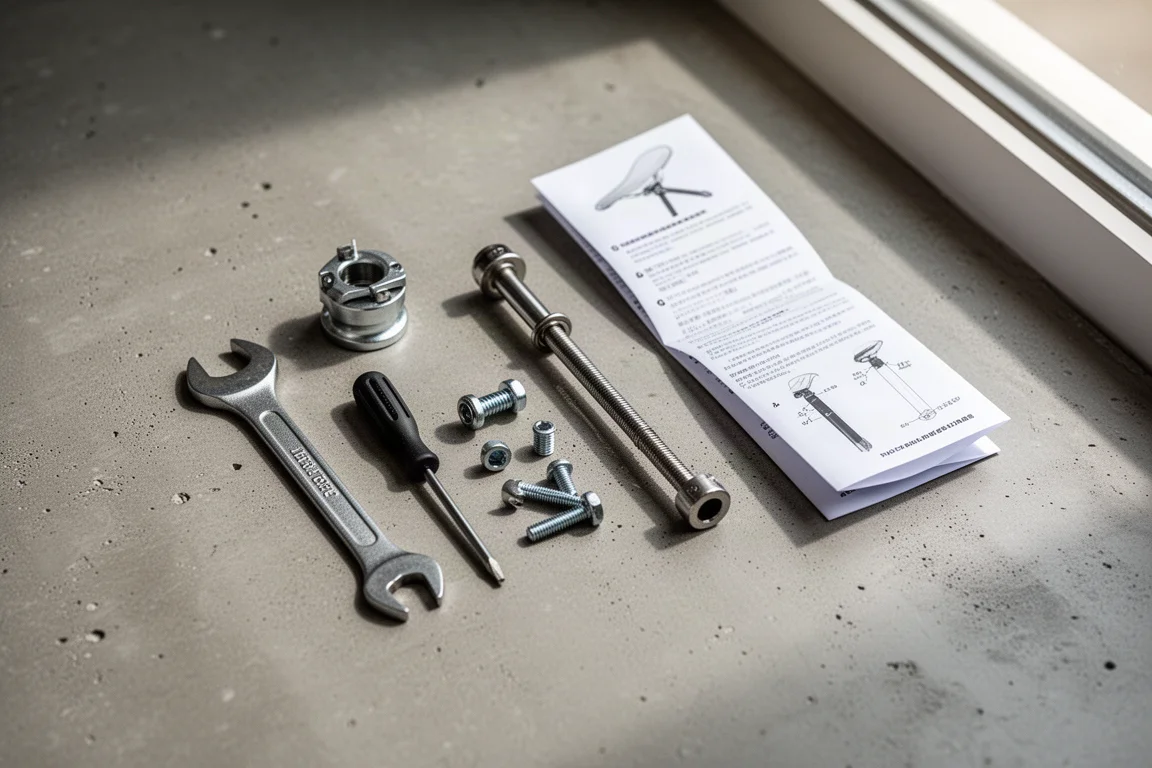 Accessori per bici disposti in piano: pompa, multi-tool, pedali e catarifrangenti