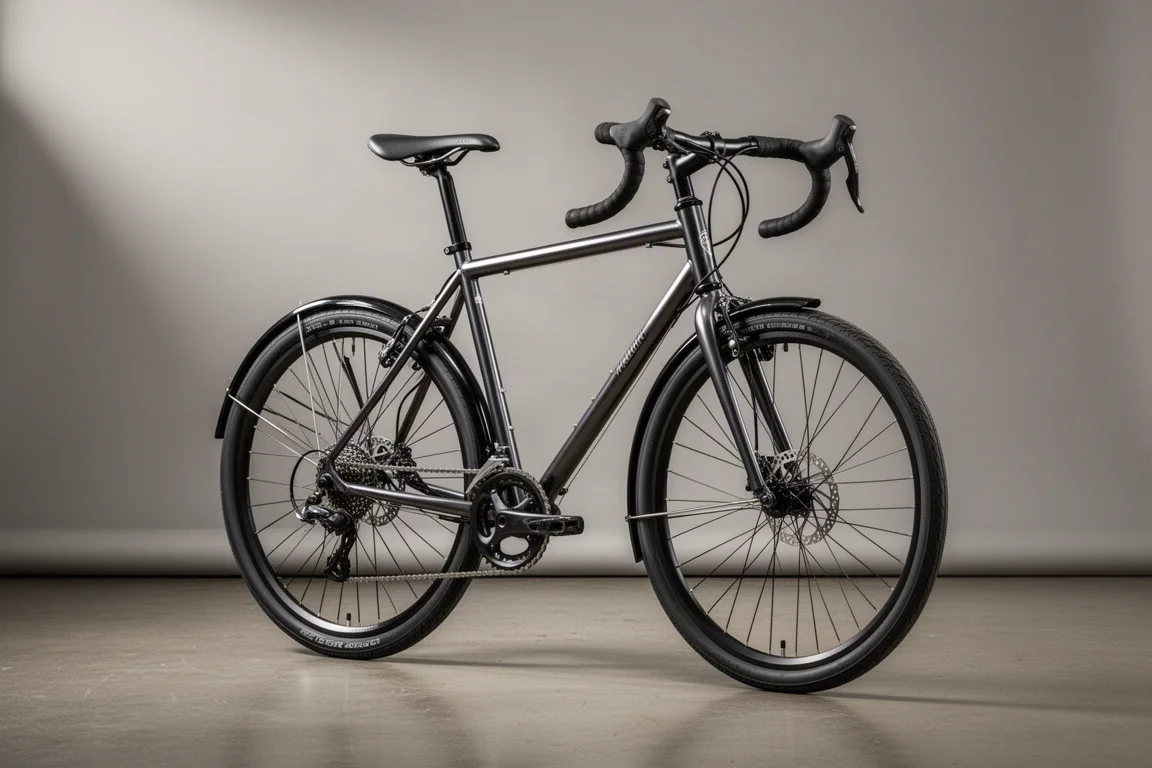 Budget drop-bar hybrid bicycle with mudguards, disc brakes and a saddle light on concrete