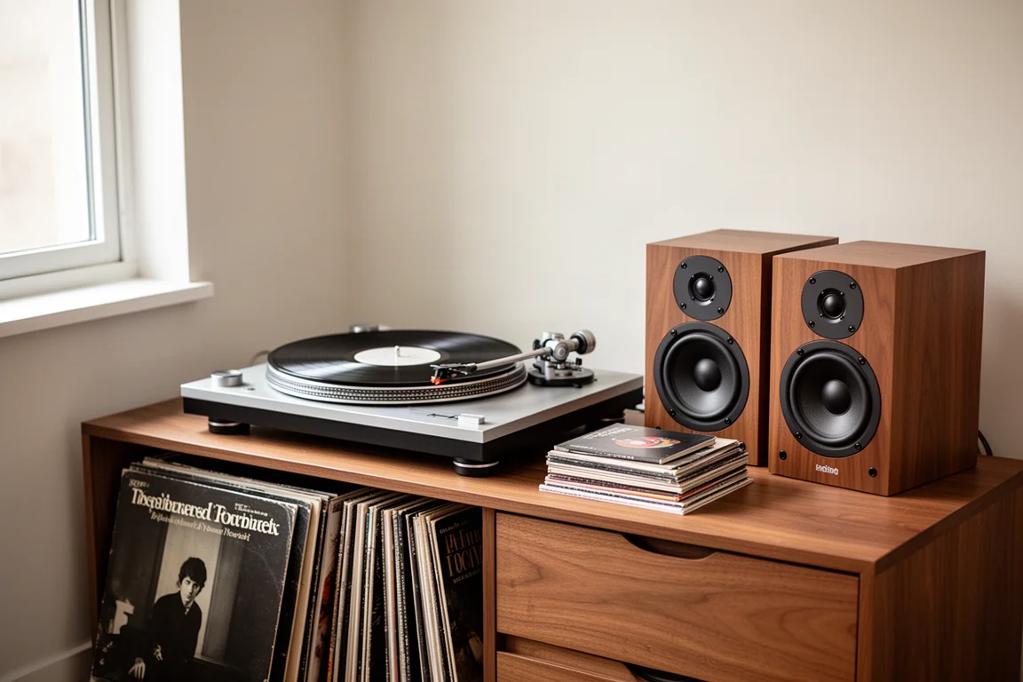 Listening room corner with a turntable on a wooden sideboard, records and bookshelf speakers