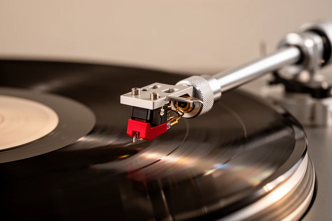 Close-up of a turntable tonearm, counterweight and red cartridge above a spinning record