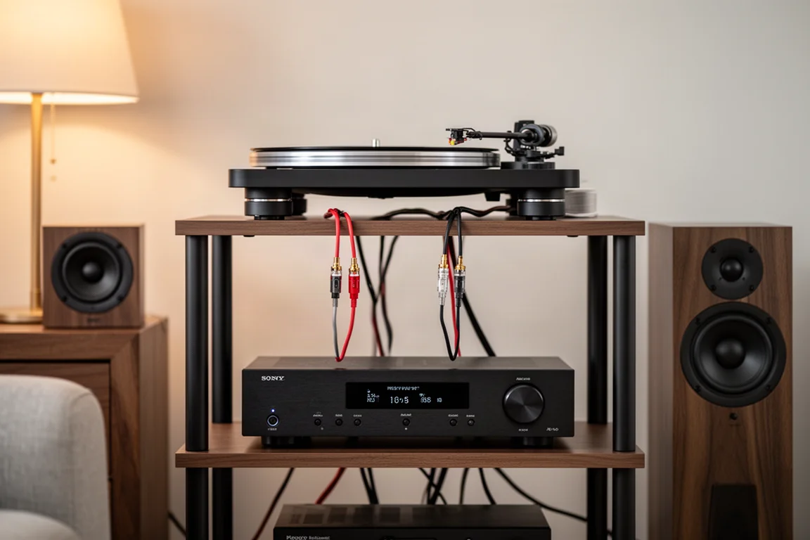 Hi-fi rack with an integrated amplifier, RCA cables and bookshelf speakers in a living room