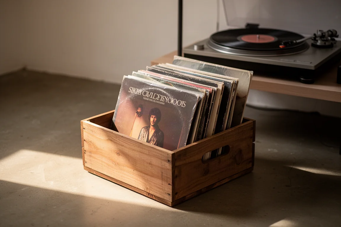 Wooden crate of vinyl record sleeves with a turntable out of focus behind it