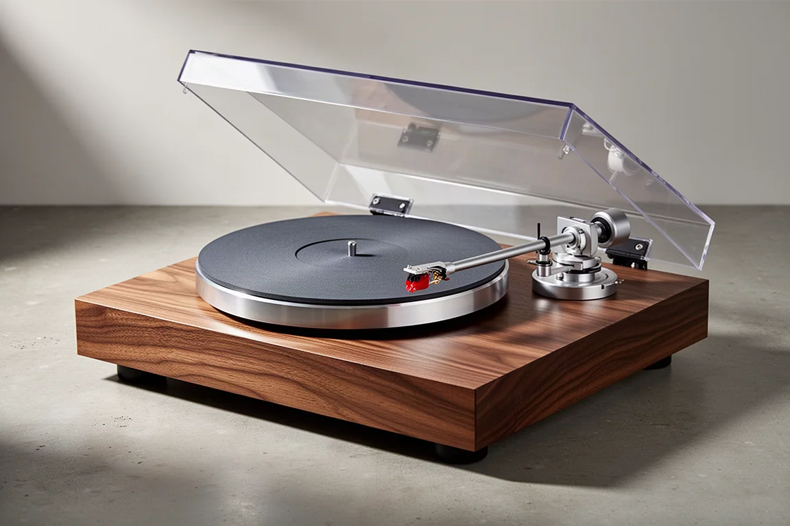 Belt-drive turntable with a walnut veneer plinth and aluminium tonearm on a concrete surface