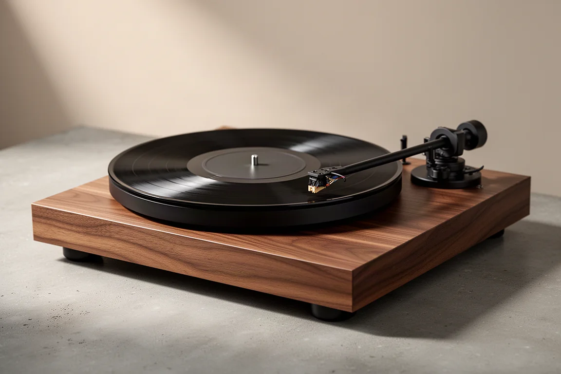 Direct drive turntable with walnut veneer plinth and black tonearm on a concrete surface