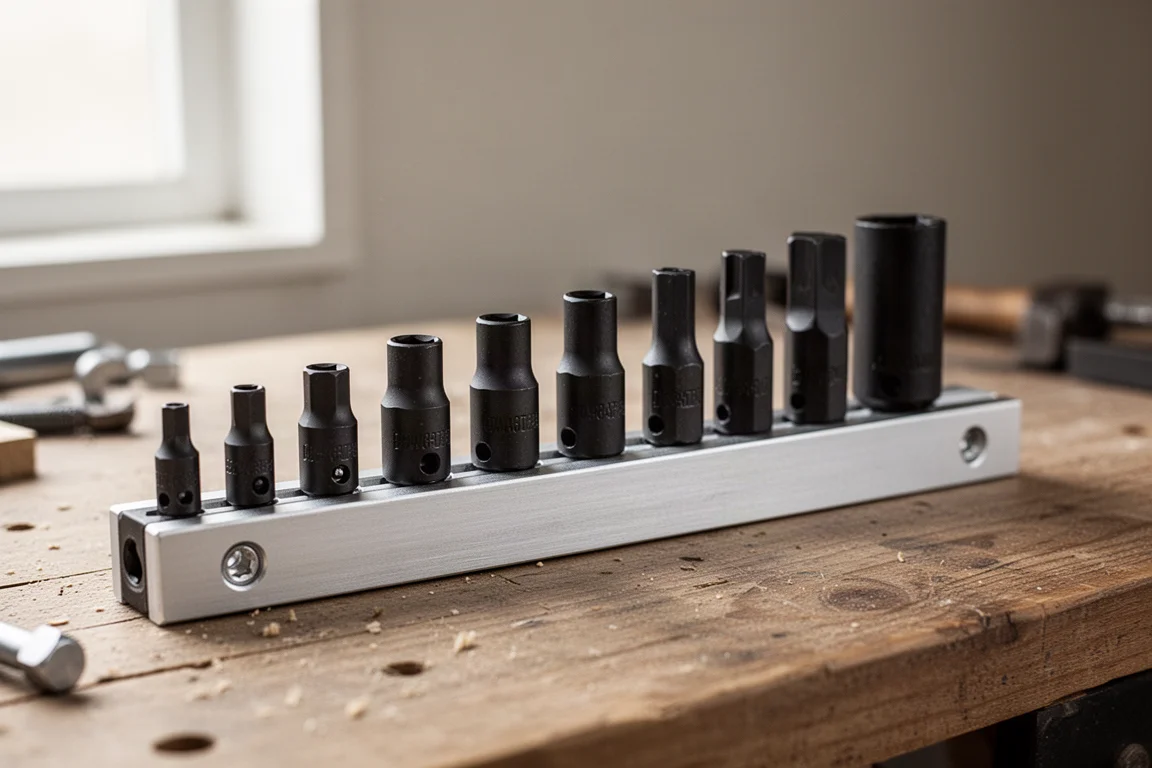 Bande de douilles dual drive compactes disposées sur un court rail en aluminium