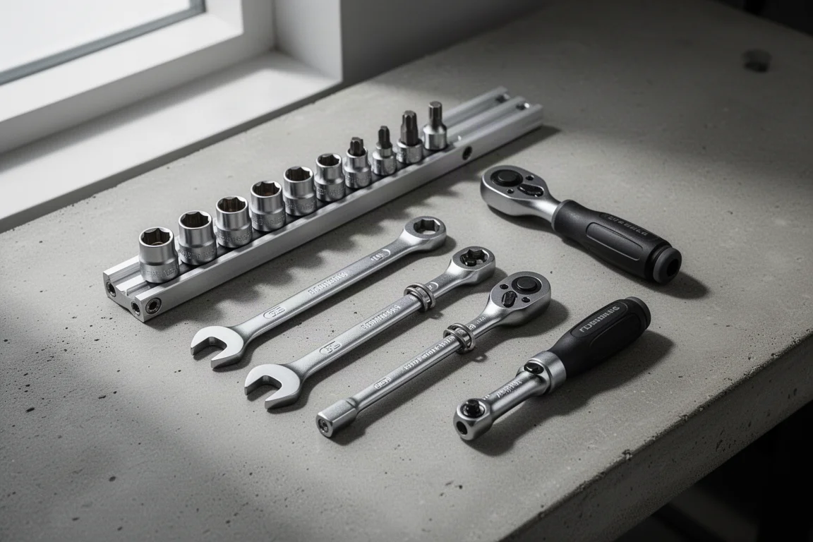 Flat lay of dual drive sockets, flex-head wrenches, a ratchet, and a bit driver on a workbench