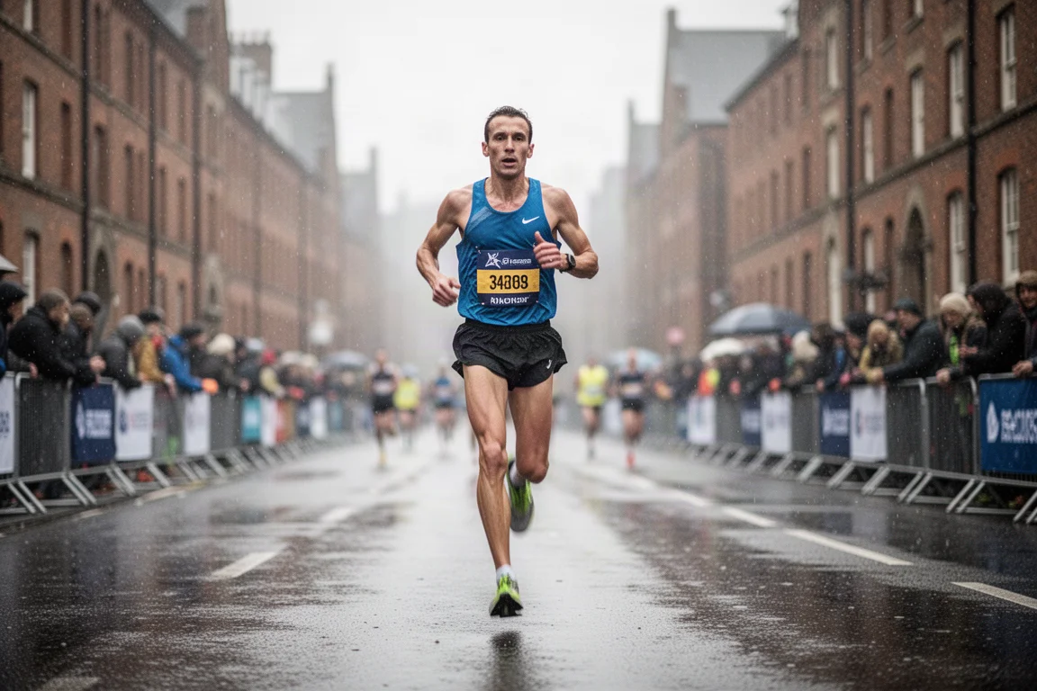 Runner moving through a rainy city marathon course with wet streets and crowds