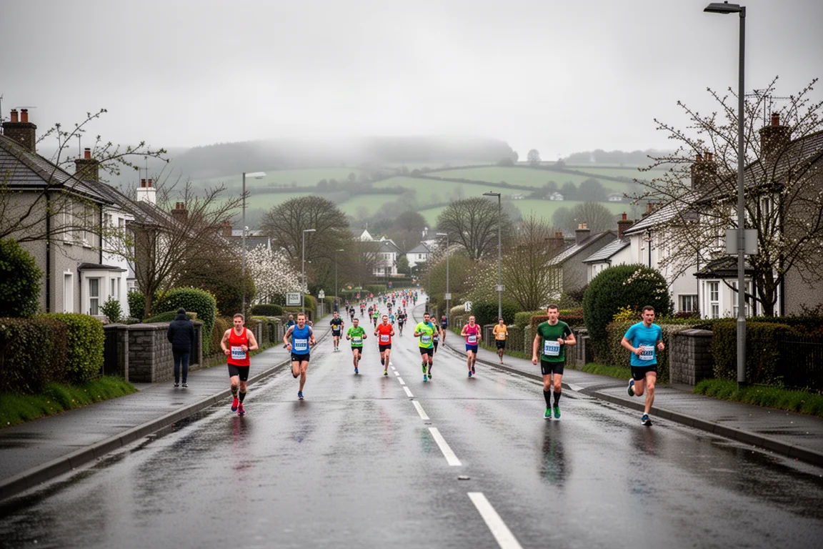 Hilly marathon course winding through Dublin suburbs with headwind clouds