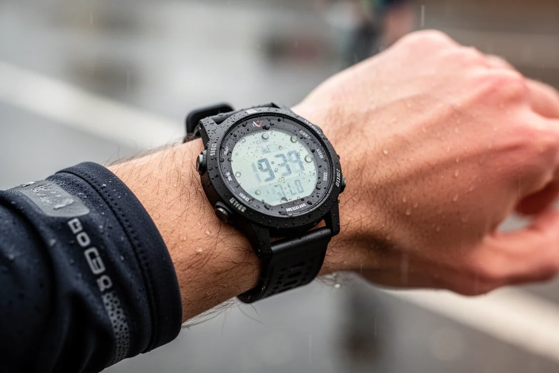 Sports watch on a wrist displaying race pace during a marathon