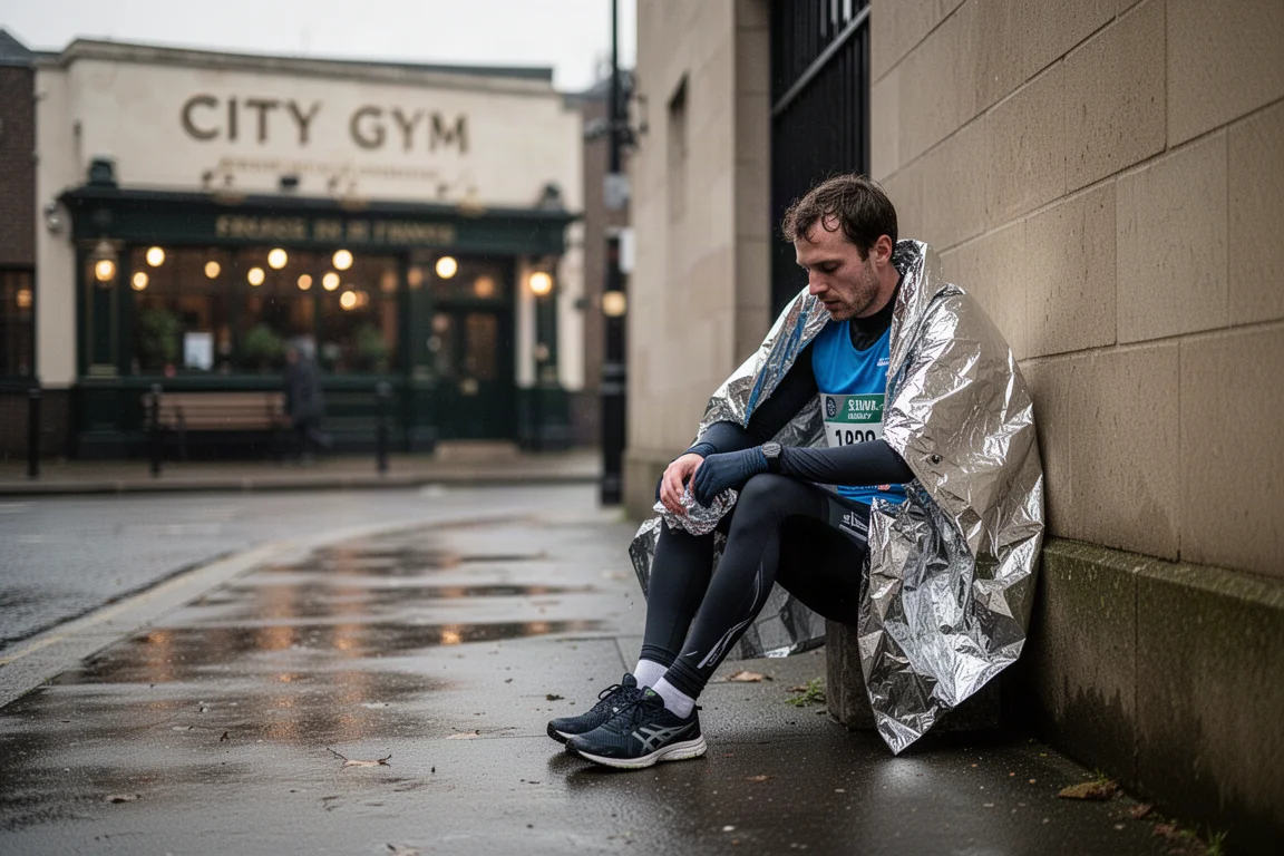 Runner stretching in a long-sleeve race top outside a city gym after a marathon