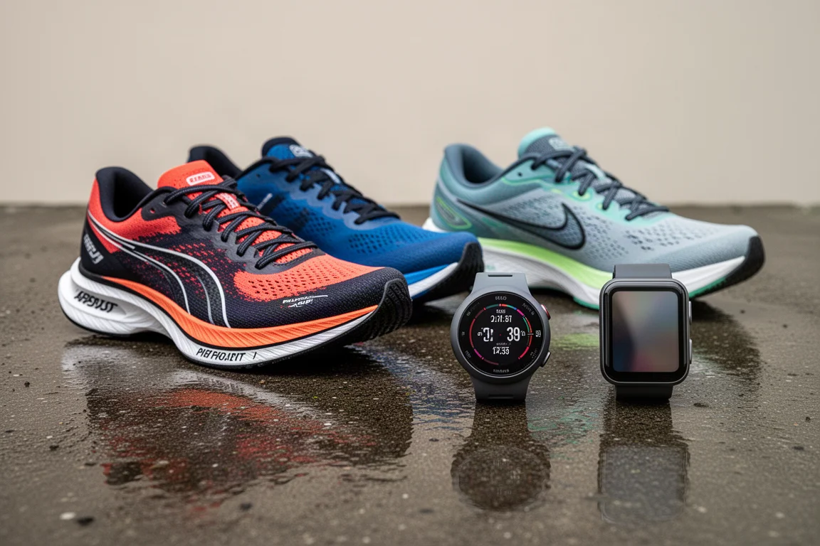Two pairs of marathon racing shoes and two sports watches arranged on wet concrete