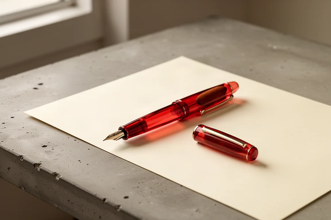 Rode transparante resin vulpen zonder dop liggend op een betonnen bureau naast schrijfpapier