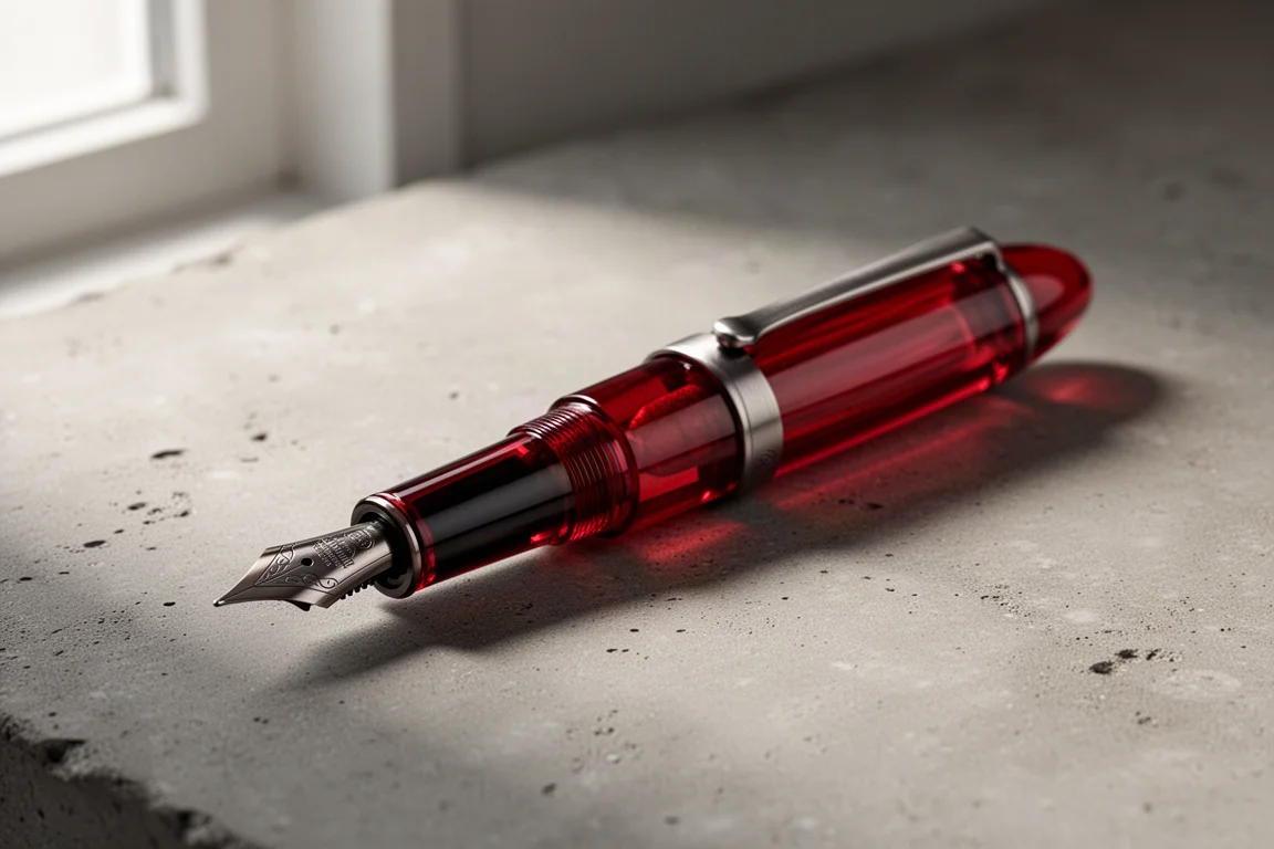 Red translucent resin fountain pen with dark steel nib on a concrete surface