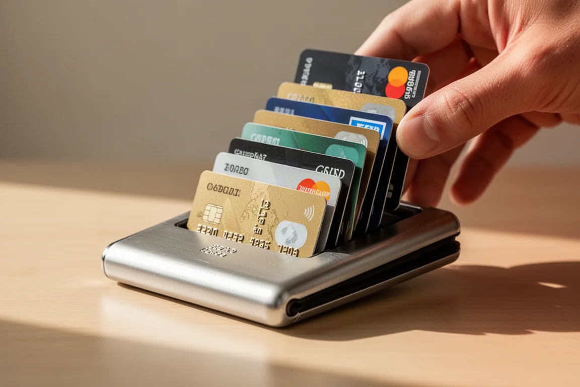 Carte di credito a ventaglio che fuoriescono dalla parte superiore di un portafoglio in metallo durante l'uso