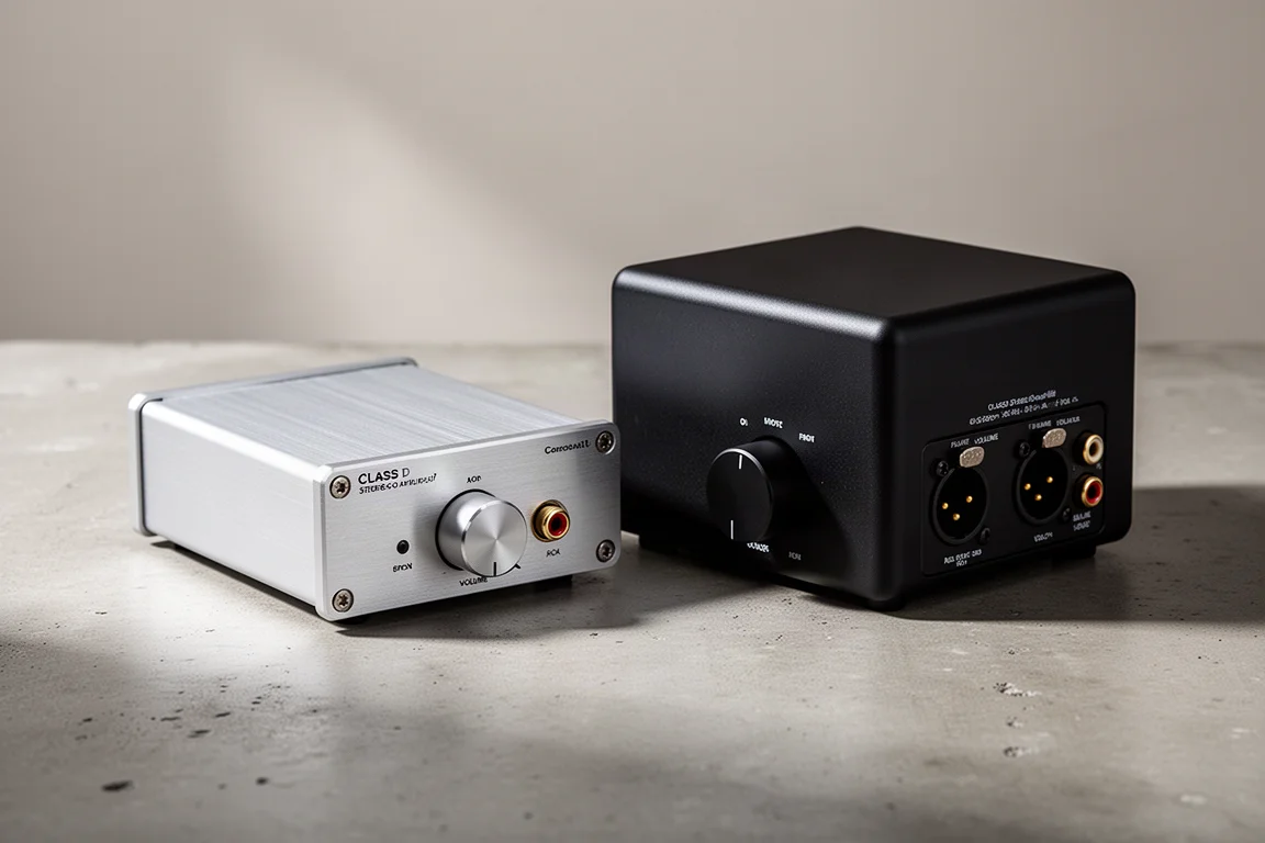 Two compact Class D stereo amplifiers side by side on a concrete surface