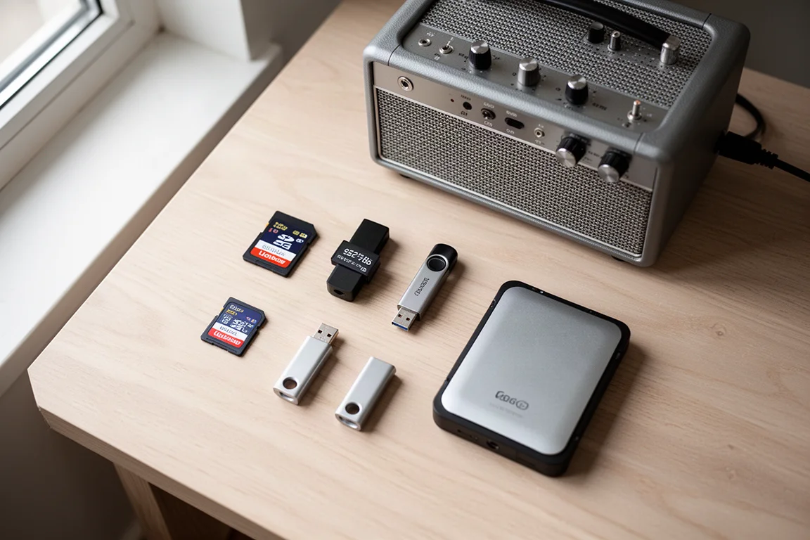 SD cards, USB drives, and a portable hard drive arranged on a wooden shelf beside a desktop amplifier