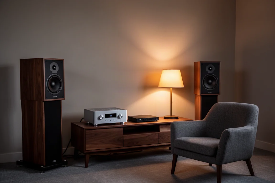 Quiet listening room at dusk with speakers, a desktop amplifier, and warm lamp light