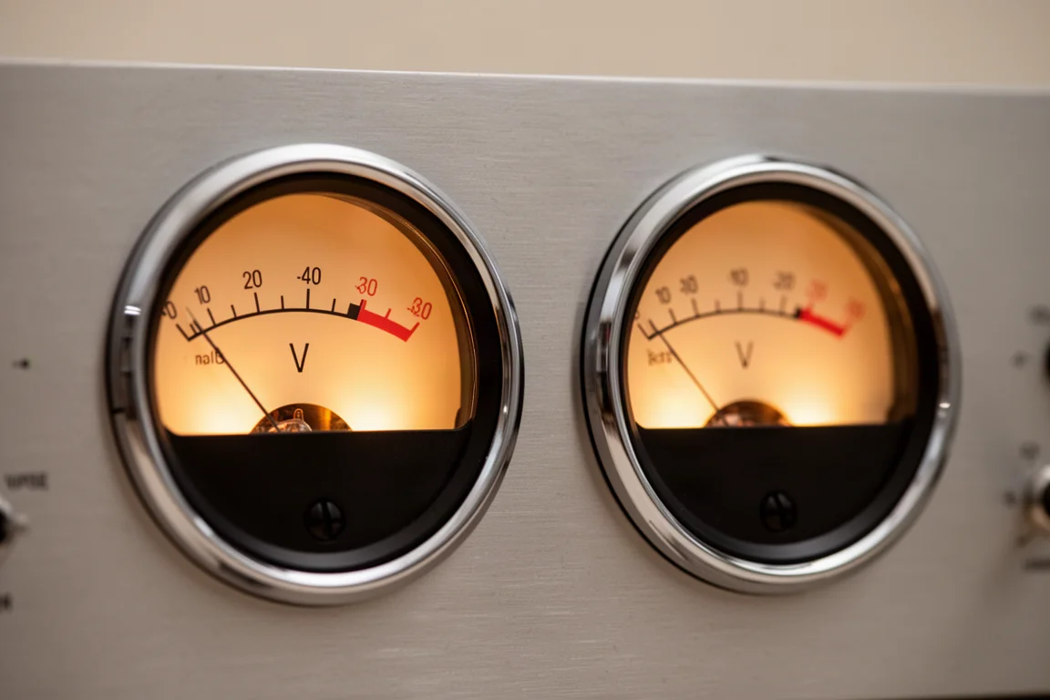 Close-up of two analog VU meters with warm backlit dials and needles near rest position