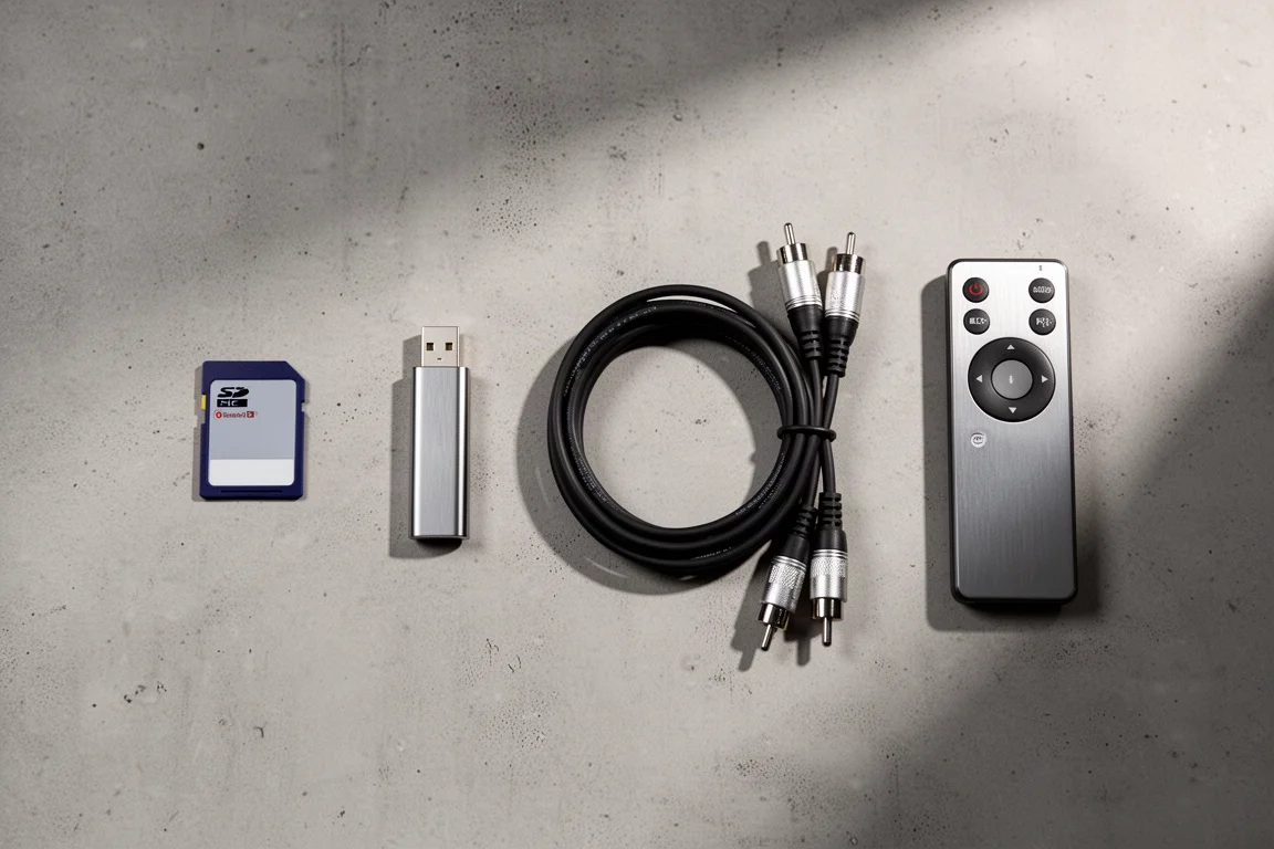 Flat-lay of an SD card, USB flash drive, coiled RCA cable, and small metal remote on concrete