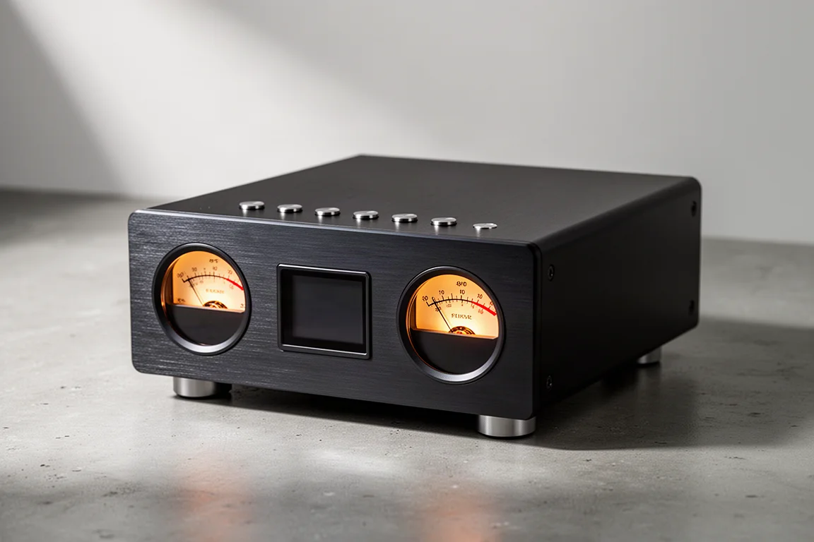 Compact metal digital audio player with two VU meters, small display, and top buttons on concrete
