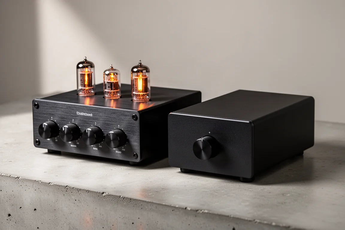 Two compact desktop amplifiers side by side on a concrete surface, one with glowing tubes