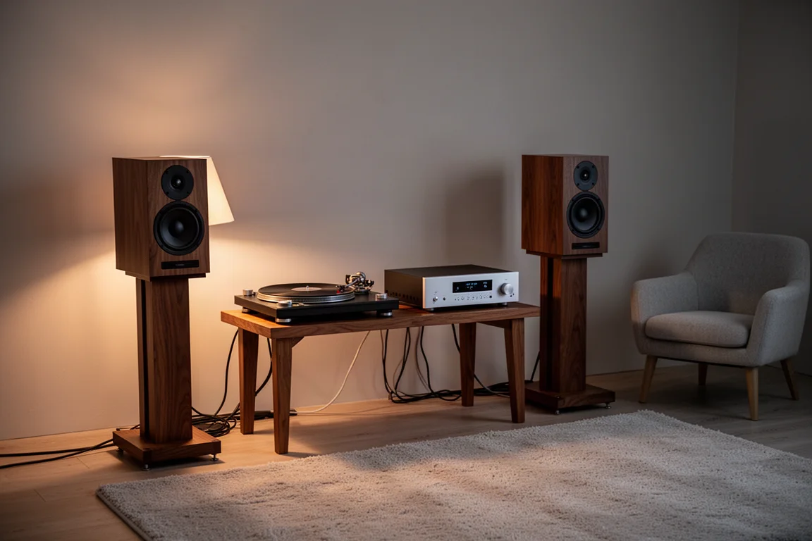 Analoge Hi-Fi-Anlage mit Plattenspieler, Verstärker und Lautsprechern in einem warm beleuchteten Hörraum