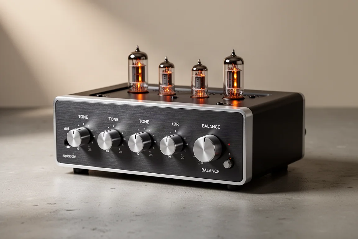 Compact tube equalizer with brushed aluminium front panel and row of rotary knobs on a concrete surface
