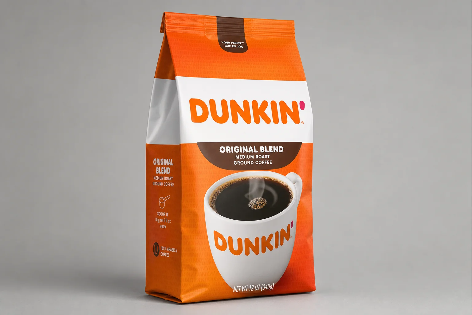 Five grocery store coffee brand bags arranged on concrete surface
