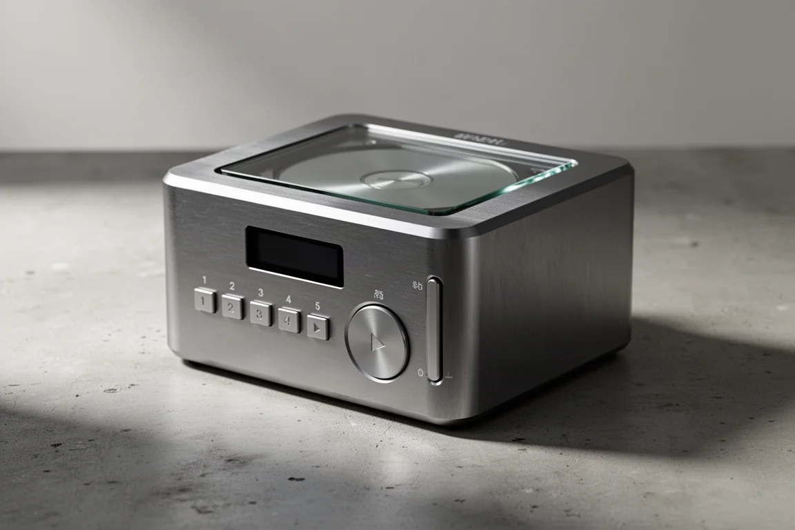 Compact aluminium portable CD player with tempered glass lid and control buttons