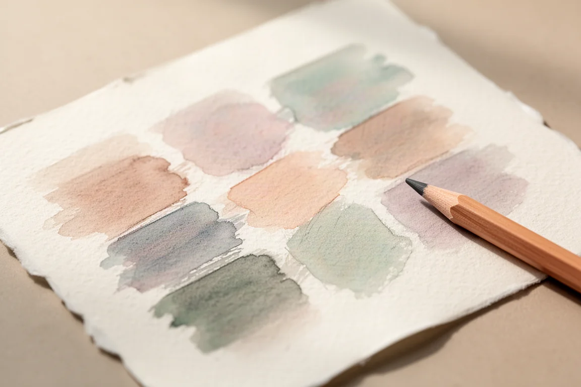 Hand swatching soft muted colored pencil strokes on textured watercolor paper