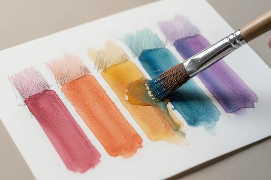 Watercolor pencil pigment dissolving uniformly into wet paint swatches on paper