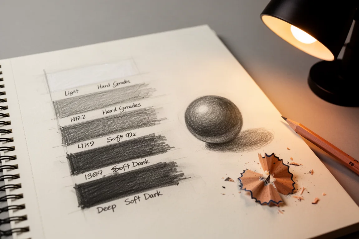Graphite pencil value scale from hard light 5H to soft dark 5B on sketch paper