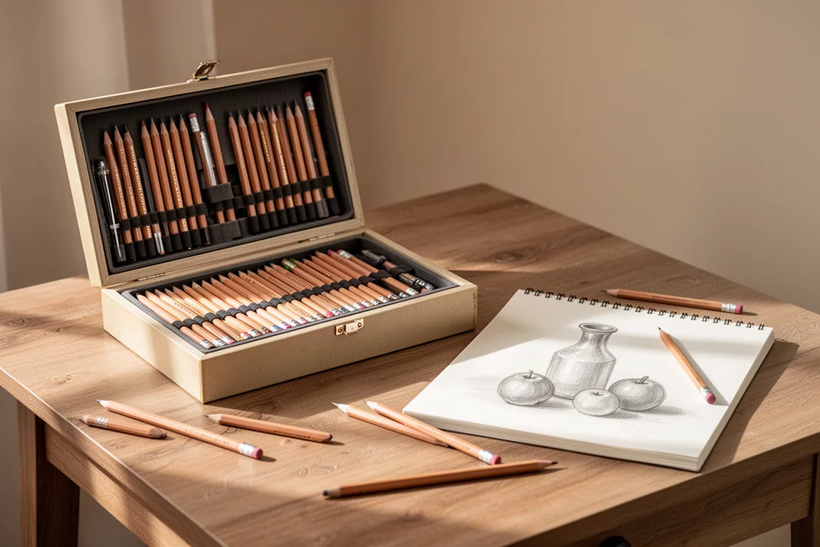 Large art pencil set box on a desk beside a beginner sketchbook and pencils