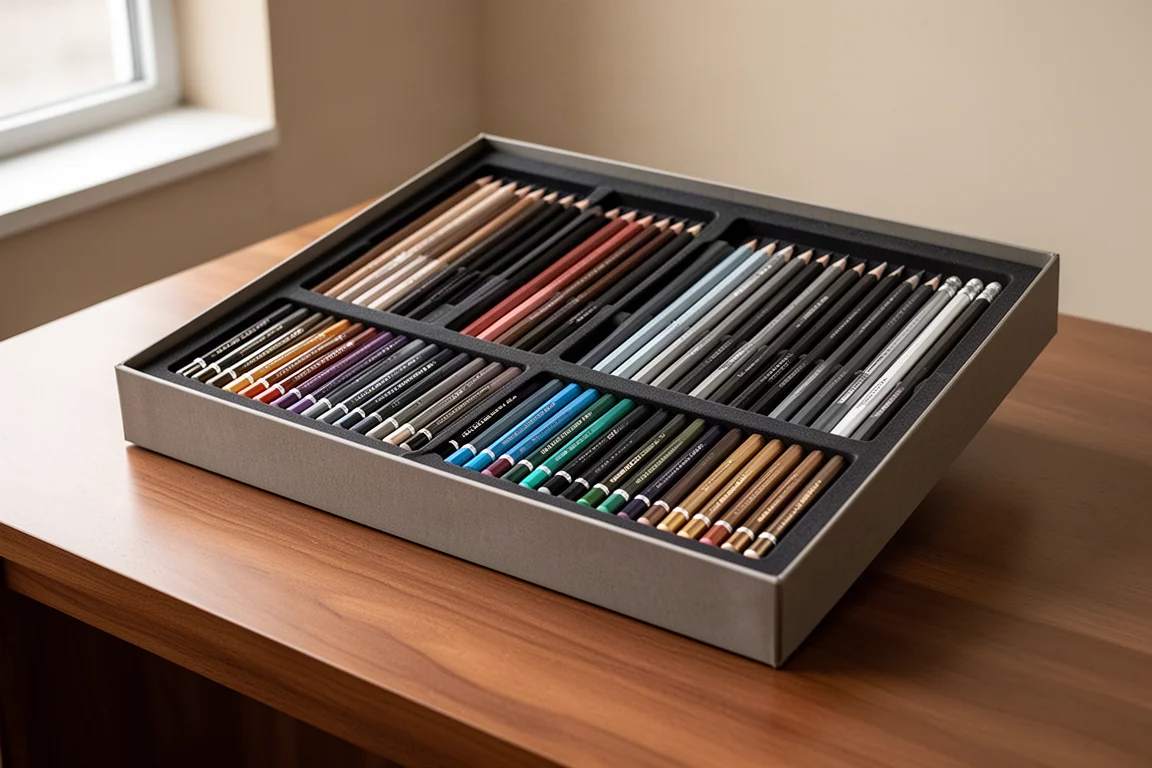 Scatola aperta oversized di un set di matite d'arte riempita con 50 matite assortite su una scrivania in legno