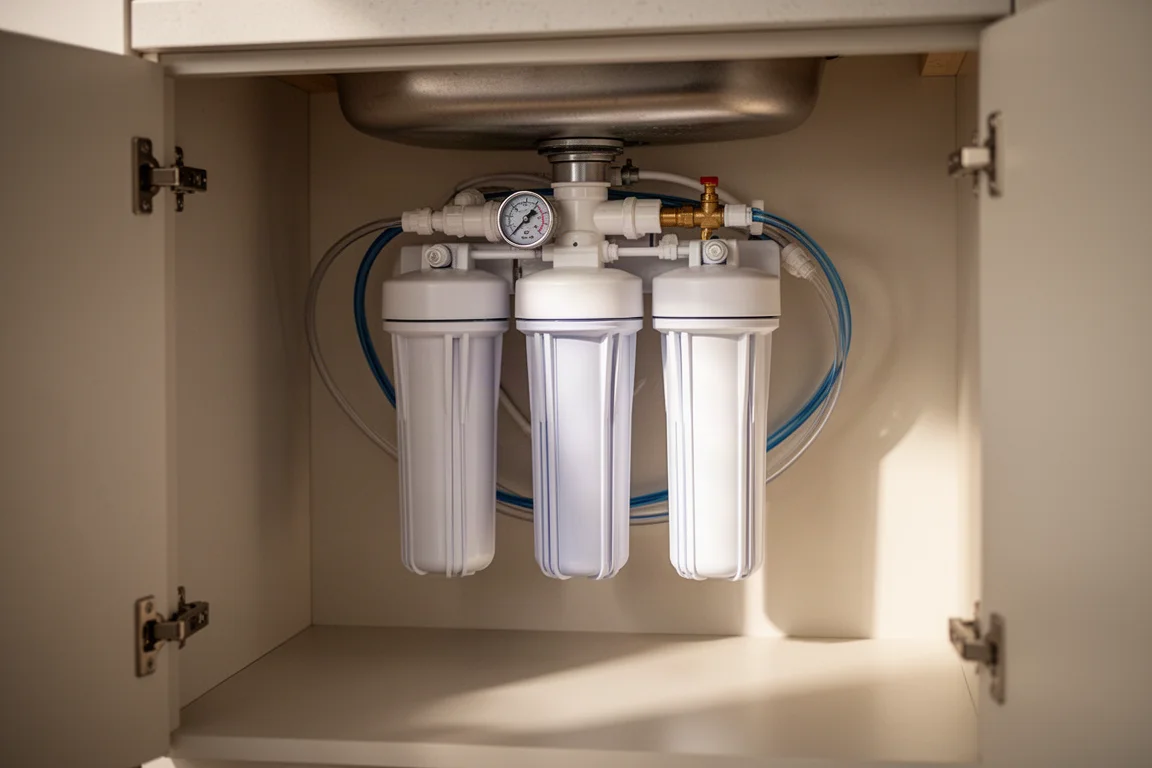Under-sink reverse osmosis filtration system with white canisters and coiled tubing
