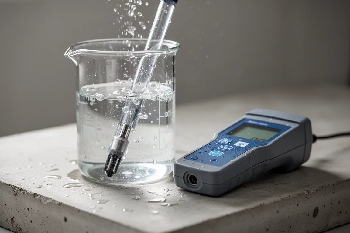 Handheld TDS meter probe held in a beaker of clear water on a workbench