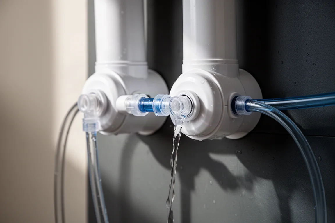 Two white cylindrical membrane housings connected in series with clear tubing