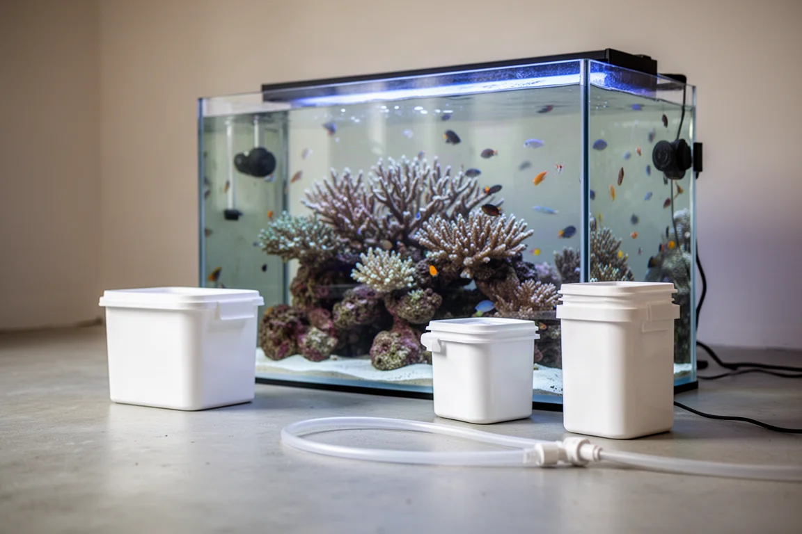 Reef aquarium with coral and clear water beside containers being filled with purified water
