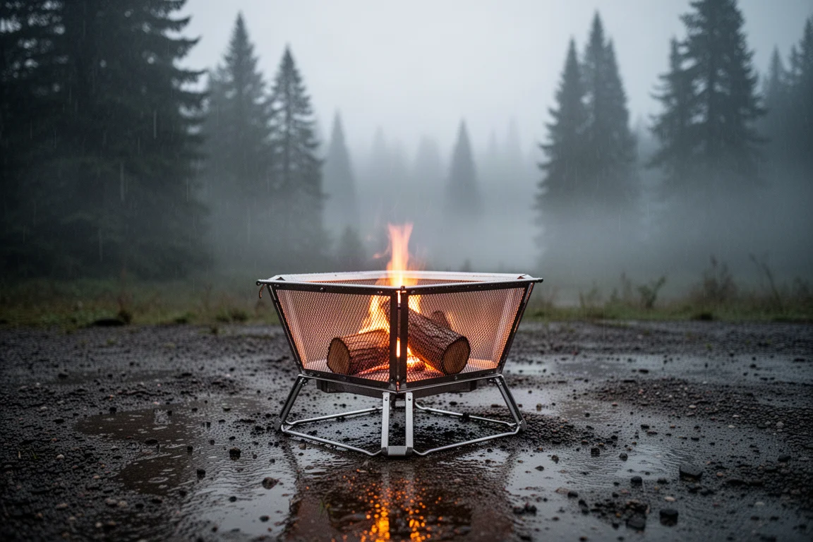 Lägereld som brinner i en eldstad av stålnät på en blöt skogs campingplats i skymningen
