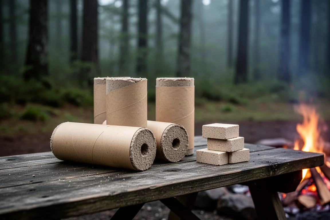 Paper-wrapped compressed fire logs on a wooden camp table with a forest behind them