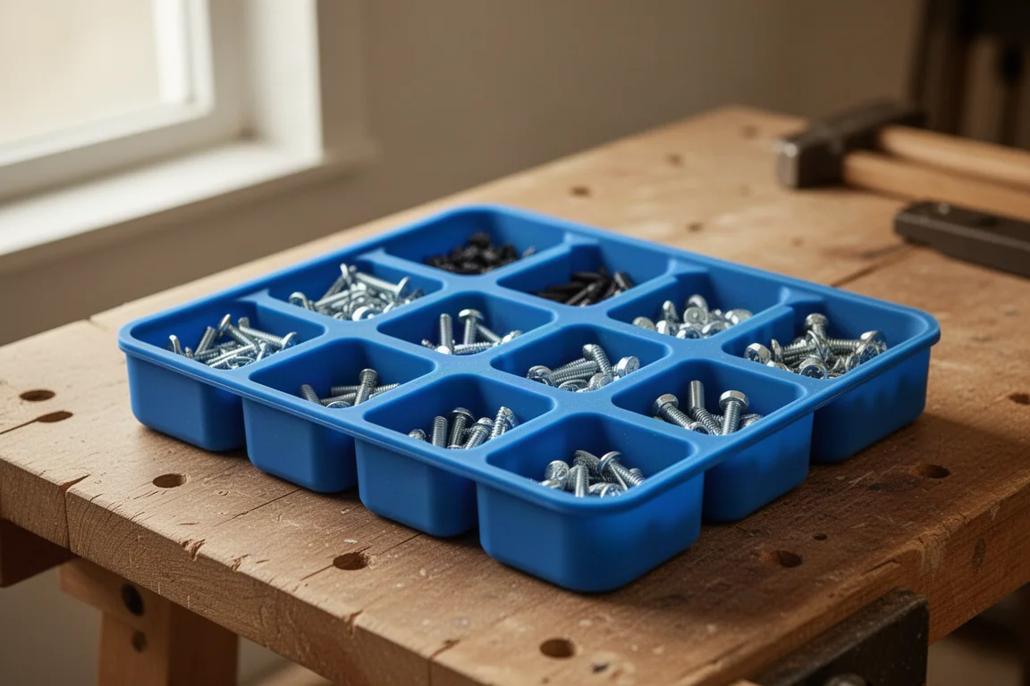 Blue silicone tool tray with compartments holding small metal parts on a workbench