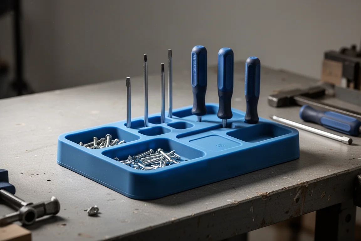 Silicone tray holding screwdrivers and bits upright on a workshop bench