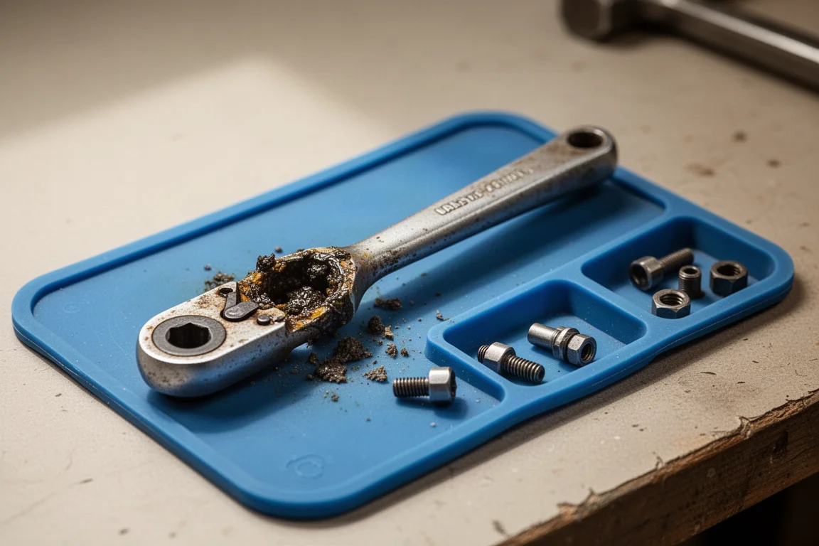 Vintage half-inch ratchet being serviced over a silicone tray