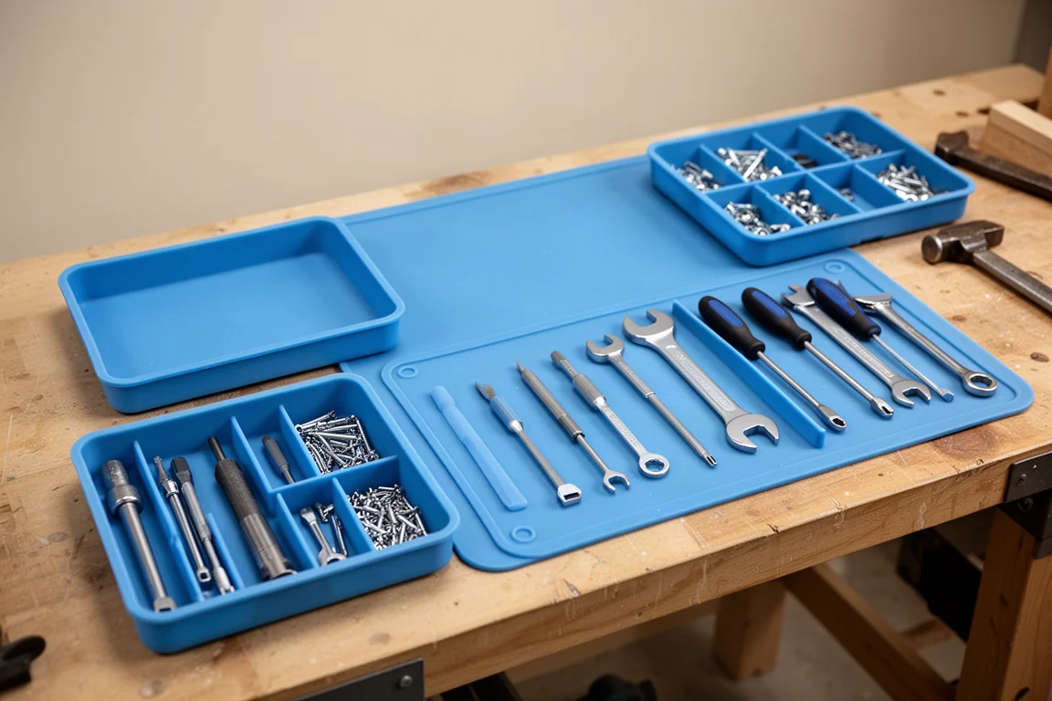 Silicone trays and mats arranged on a tidy workshop bench